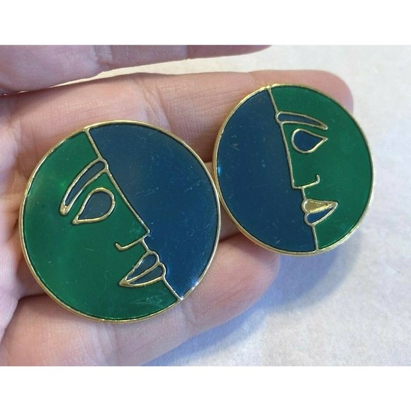 Vintage Jewelry - Vintage Pierced Earrings Blue & Green Enamel Faces